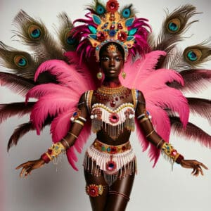 full-body portrait photography of a black woman in a vibrant carnival costume. The costume features hot pink feathers with peacock feather tips, a g